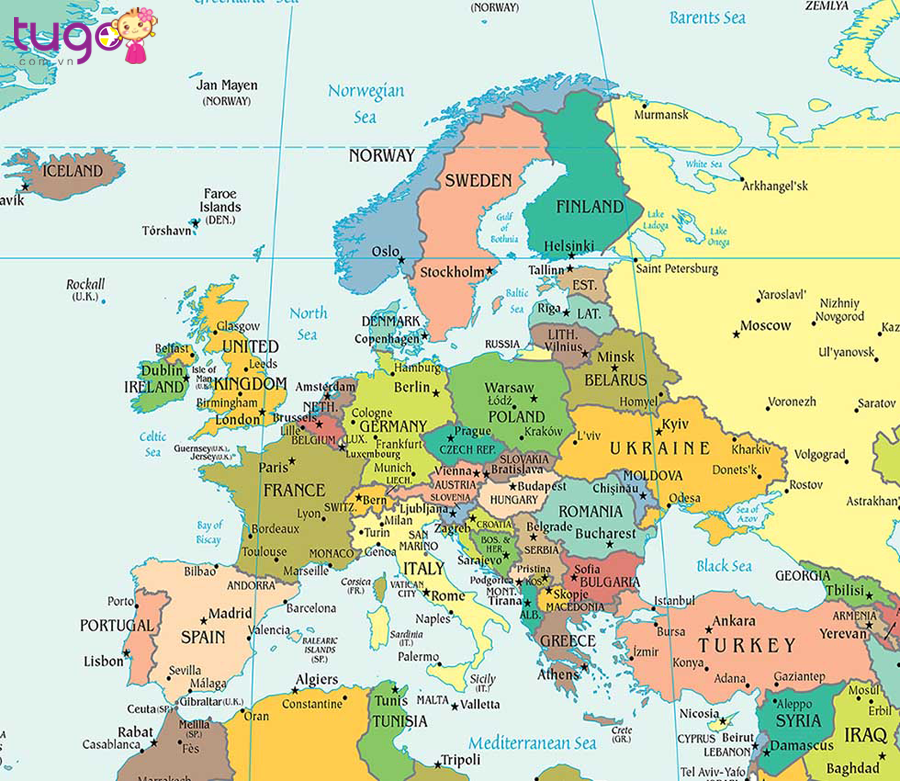Lục địa của châu Âu được bao quanh bởi biển và đại dương