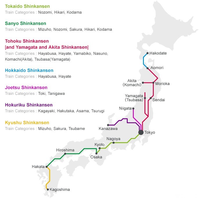 Bản đồ các tuyến đường của tàu Shinkansen
