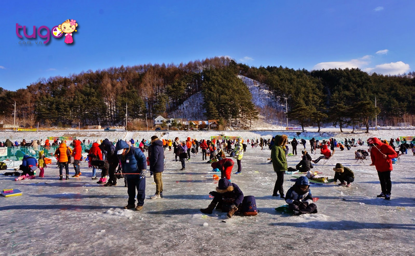 Không khí rộn ràng đầy hấp dẫn trong ngày hội câu cá dưới băng ở hồ Soyangho