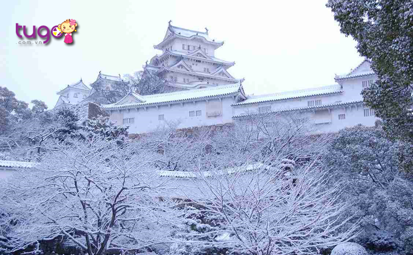 Một màu tuyết trắng xóa bao phủ lâu đài Himeji khi mùa đông về