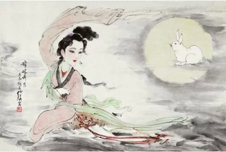Tranh vẽ về Hằng Nga và thỏ ngọc trên cung trăng. Ảnh: Hubei China.