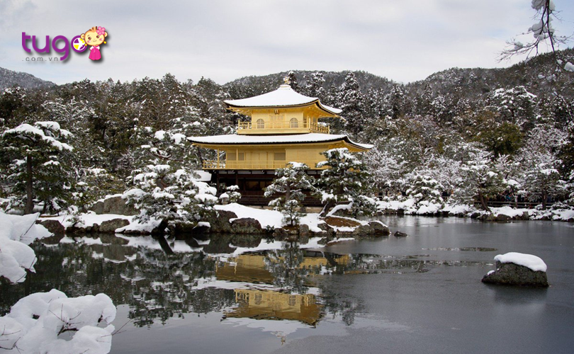 Vẻ đẹp cuốn hút của ngôi chùa Kinkakuji nổi bật giữa nền trời tuyết trắng