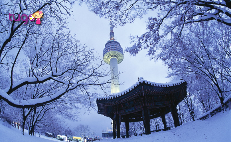 Vẻ đẹp của tháp Namsan càng thêm phần cuốn hút dưới lớp tuyết trắng xóa ngày đông
